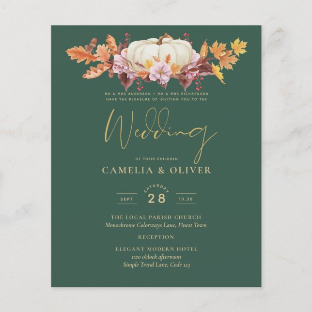BUDGET All-in-1 Herbst Pumpkin Green Gold Wedding Flyer (Vorne)