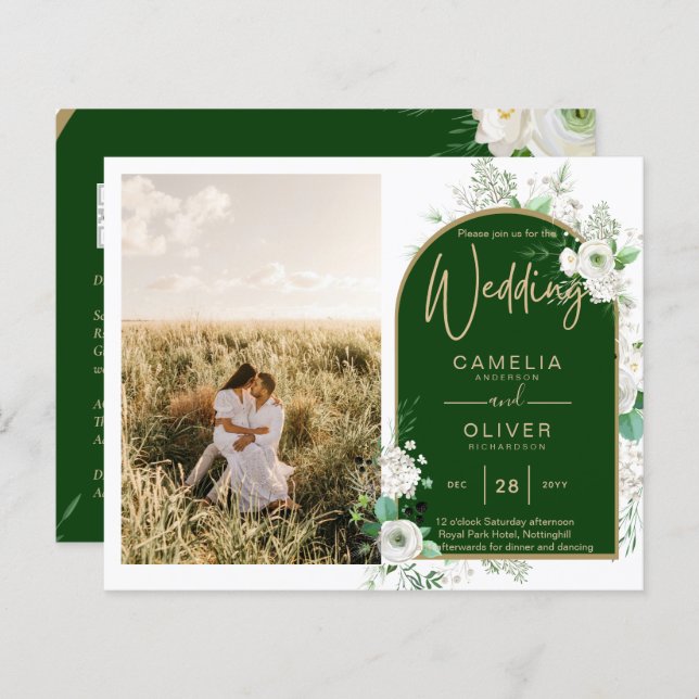 Budget All-in-1 White Roses Green Wedding QR Code (Vorne/Hinten)