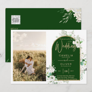 Budget All-in-1 White Roses Green Wedding QR Code Einladung