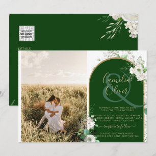 Budget All-in-1 White Roses Green Wedding QR Code Einladung