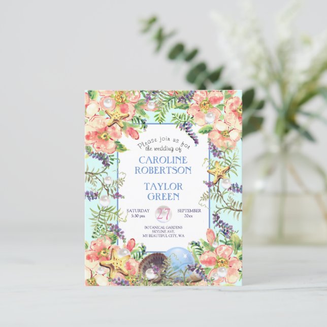 Budget Aqua Beach Rose Seashell Pearl Wedding (Stehend Vorderseite)