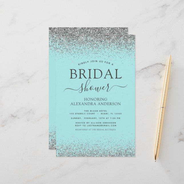 Budget Aqua Blue Aquamarin Silver Glitzer Brautpar (Vorderseite/Rückseite Beispiel)