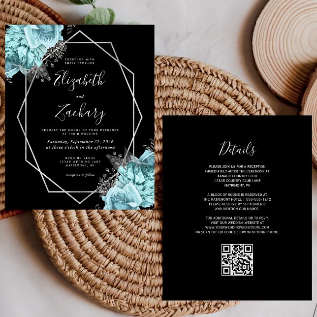 Budget Aqua Silber Blumen Hochzeit mit QR-Code (Von Creator hochgeladen)