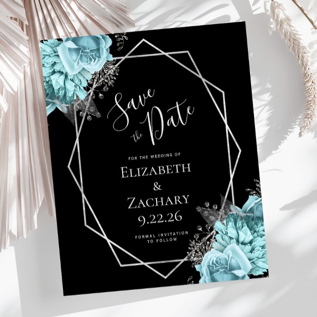 Budget Aqua Silber Blumen Schwarz Save the Date (Von Creator hochgeladen)