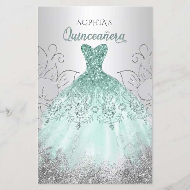 Budget Aqua Sparkle Kleid Quinceañera Einladung (Vorderseite)
