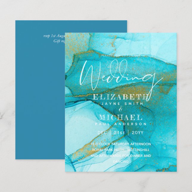 BUDGET Aqua Watercolor Hochzeit einladen Ocean Bea (Vorne/Hinten)