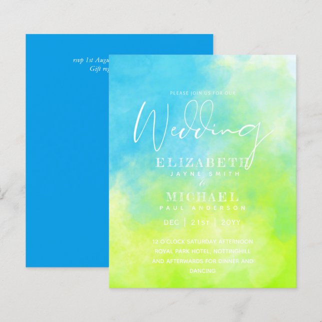 BUDGET Aqua Watercolor Hochzeit einladen Ocean Bea (Vorne/Hinten)