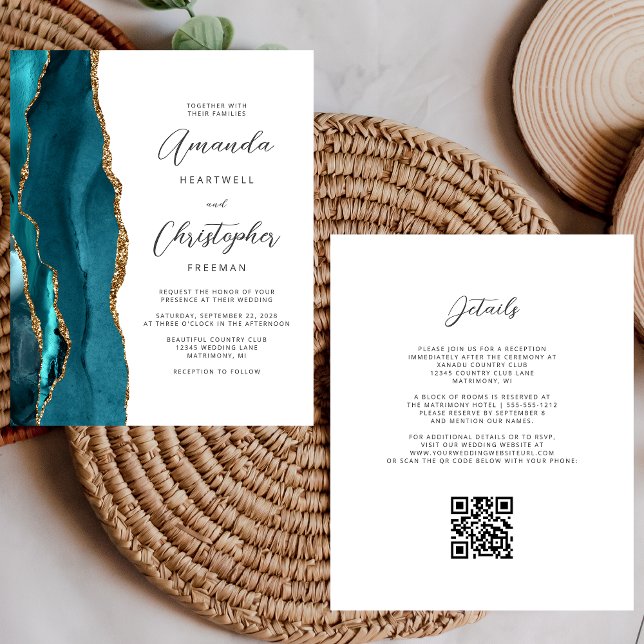 Budget Aquamarin Blue Gold Agate QR Code Hochzeit (Von Creator hochgeladen)