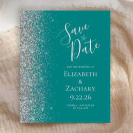 Budget Aquamarin Blue Silver Save the Date Card