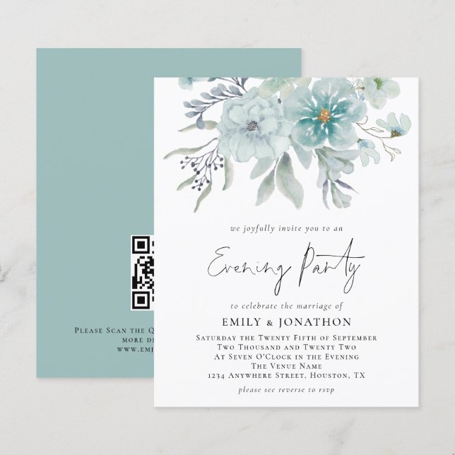 Budget Aquamarin Florals QR Code Wedding Abend Par (Vorne/Hinten)