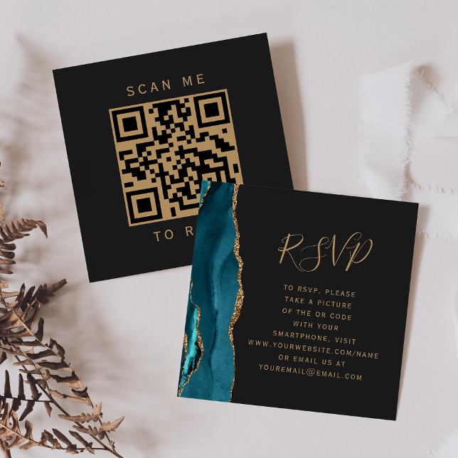 Budget Aquamarin Gold Agate Dark Wedding QR Code U Begleitkarte (Von Creator hochgeladen)