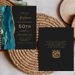Budget Aquamarin Gold Agate QR Code 50. Geburtstag<br><div class="desc">Die links Kulisse dieses eleganten,  modernen 50. Geburtstagsfeiers besticht durch eine aquamarine Aquarellgrenze mit goldenen Imitaten und Glitzer. Der anpassbare Text kombiniert goldfarbene Handschrift,  Copperplate und kursiv Schriftart auf schwarzem Schieferboden. Fügen Sie auf der Kartenrückseite UAWG Anweisungen hinzu,  und Sie können einen QR-Code scannen,  um online zu antworten.</div>