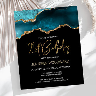 Budget Aquamarin Gold Einladung 21. Geburtstag