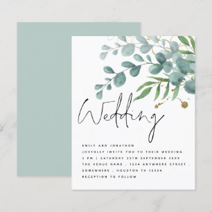 BUDGET Aquamarin Gold Eukalyptus Script Einladung