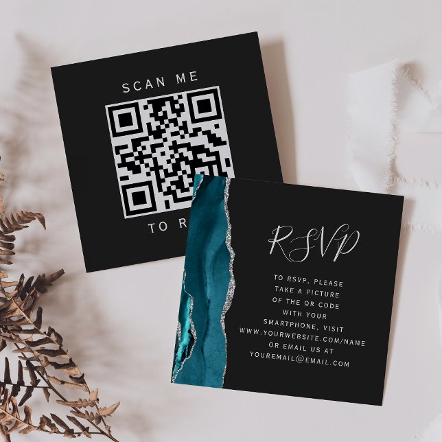 Budget Aquamarin Silver Agate Dark Wedding QR Code Begleitkarte (Von Creator hochgeladen)