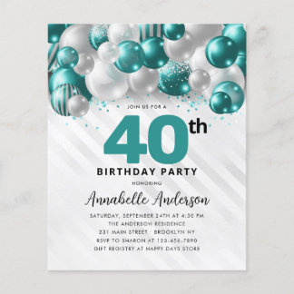 Budget Aquamarin Silver Ballon Glitzer 40. Geburts