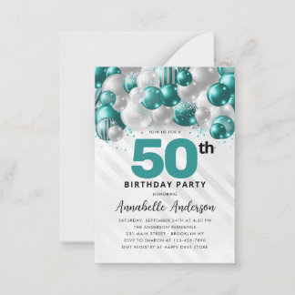 Budget Aquamarin Silver Ballon Glitzer 50. Geburts Mitteilungskarte