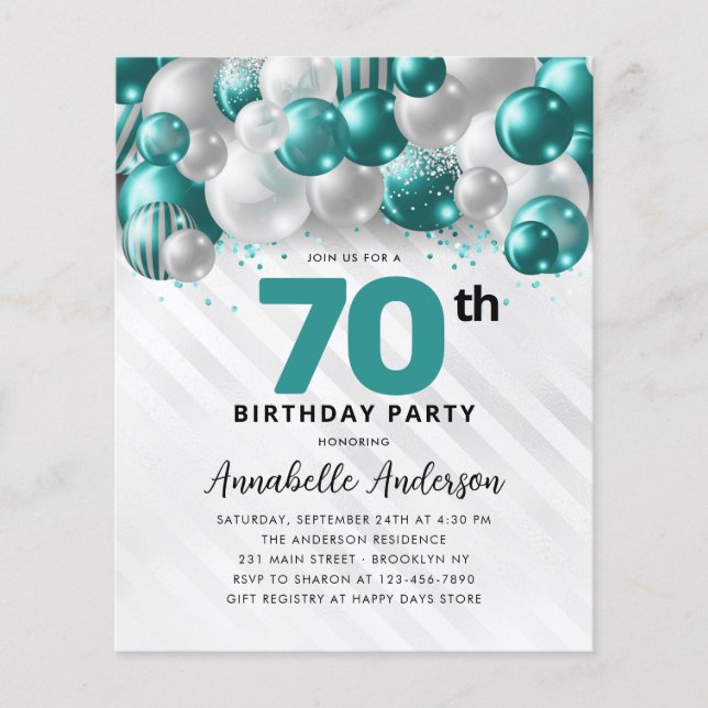Budget Aquamarin Silver Balloon Glitzer 70. Geburt (Vorderseite)