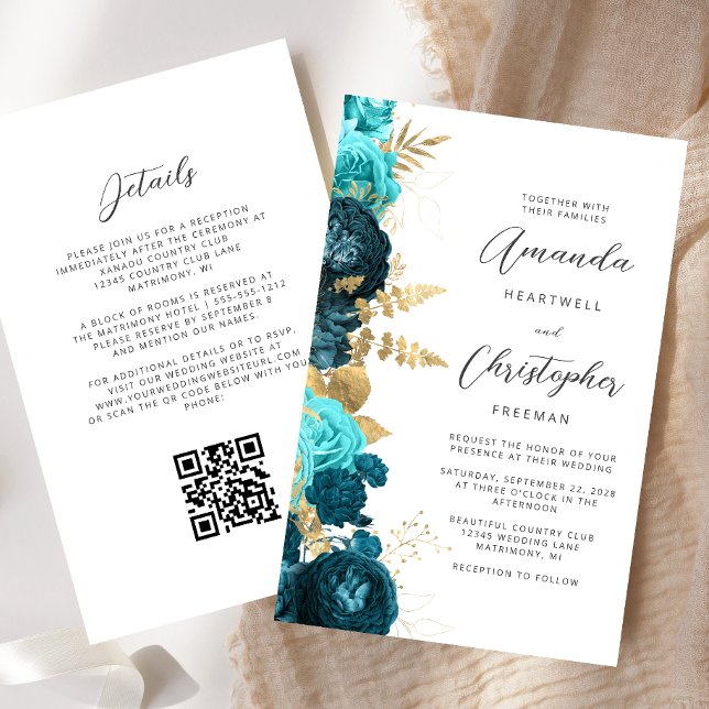 Budget Aquamarine Wassa Gold Floral QR Hochzeit (Von Creator hochgeladen)