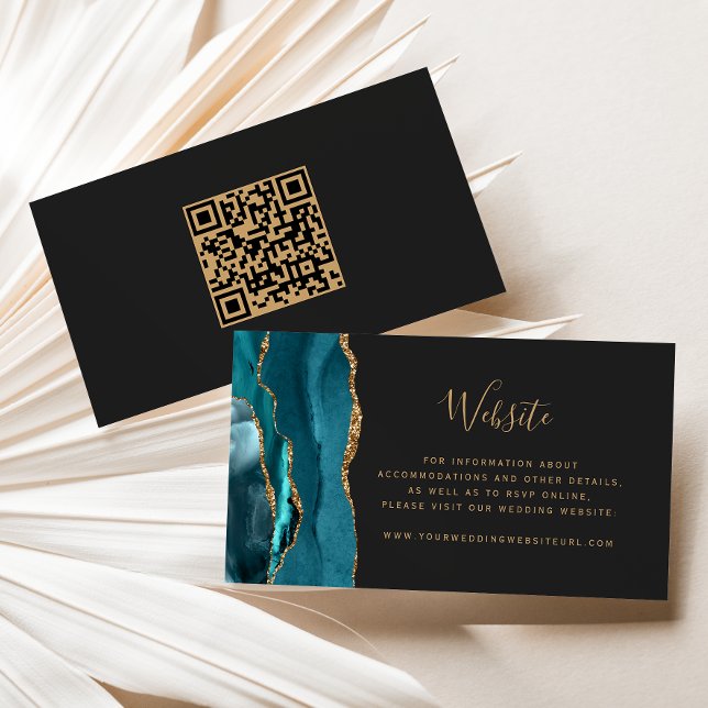 Budget Aquamariner Gold Agate Dark Wedding QR Code Begleitkarte (Von Creator hochgeladen)
