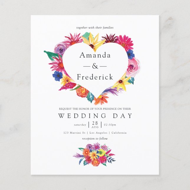 Budget Aquarell Blumenfiesta Hochzeit Einladung Flyer (Vorne)
