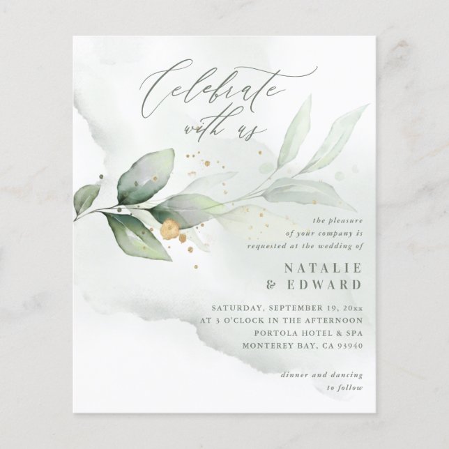 Budget Aquarell Eukalyptus Grüne Goldhochzeit Flyer (Vorne)
