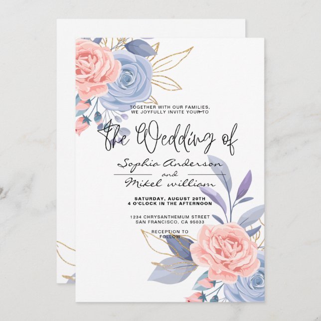 Budget Aquarell Floral Gold Blue & Pink Hochzeit  Einladung (Vorne/Hinten)