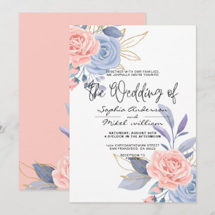 Budget Aquarell Floral Gold Blue & Pink Hochzeit Einladung