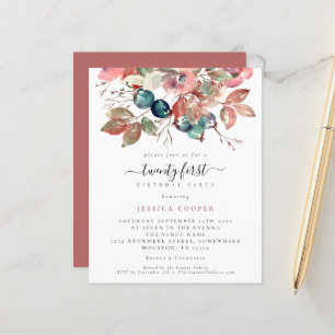 Budget Aquarell Rosa Flora 21. Geburtstag Einladun