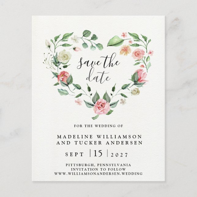 Budget Aquarellfarbene Rose Herz Save the Date (Vorderseite)