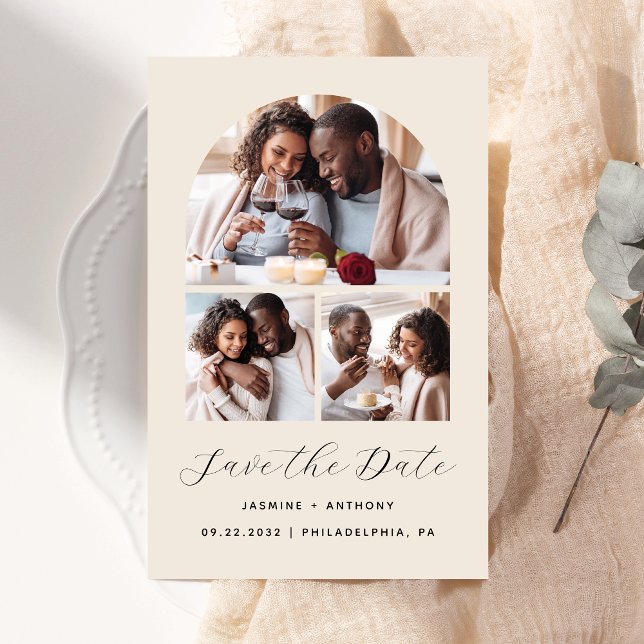 Budget Arch 3 Foto Collage Beige Save the Date (Von Creator hochgeladen)