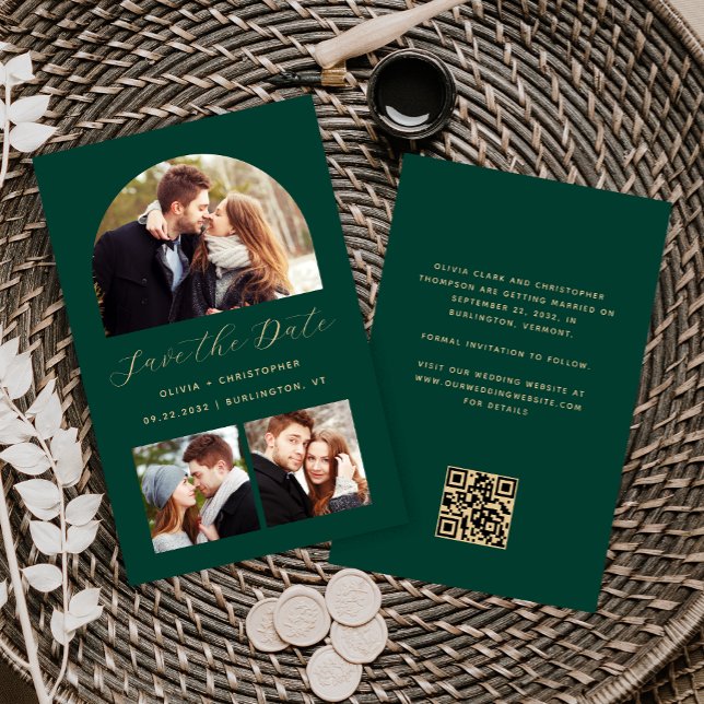 Budget Arch 3-Foto Collage Green QR Save the Date (Von Creator hochgeladen)