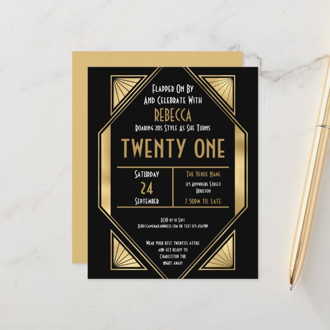 Budget Art Deco 21. Geburtstag Gold Black Einladun (Vorderseite/Rückseite Beispiel)