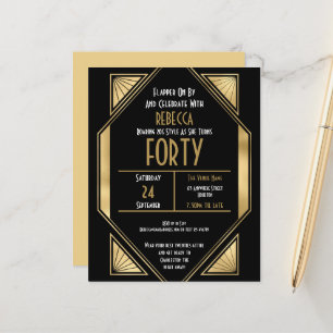Budget Art Deco 40. Geburtstag Gold Black Einladun
