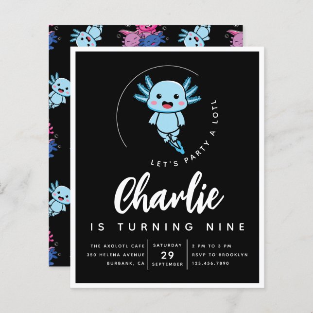 Budget Axolotl Birthday Party Einladung (Vorne/Hinten)