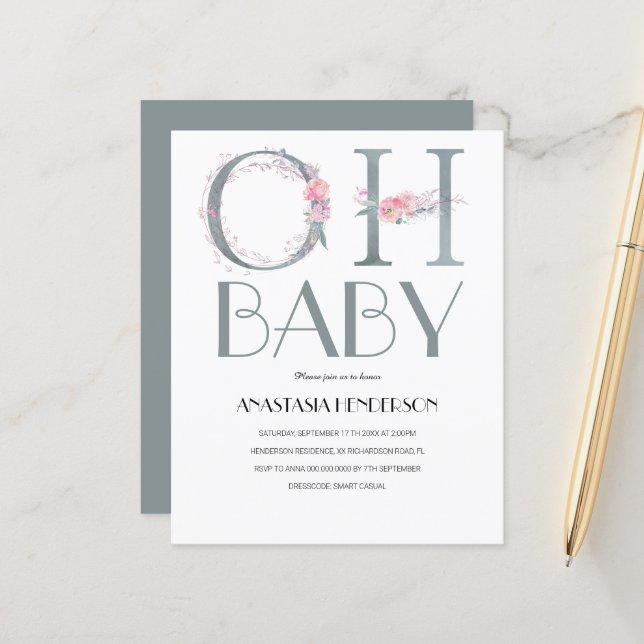 Budget Baby Dusche Einladung. (Vorderseite/Rückseite Beispiel)