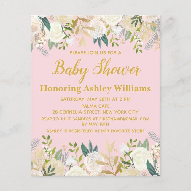 Budget Baby Dusche Einladung Blush Pink Girl Gold (Vorderseite)