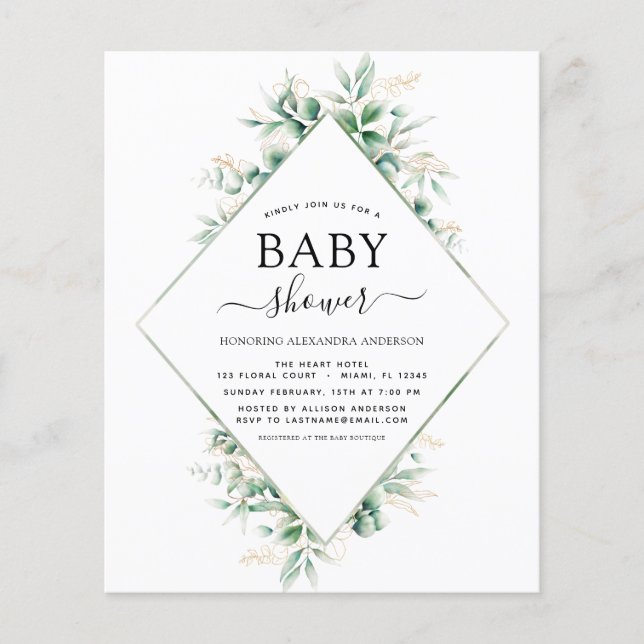 Budget Baby Dusche Eukalyptus Botanical Geometric Flyer (Vorne)