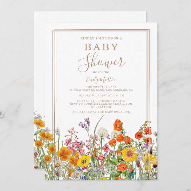 Budget Baby Dusche farbenfrohe Country Wild Blume Einladung (Vorne/Hinten)