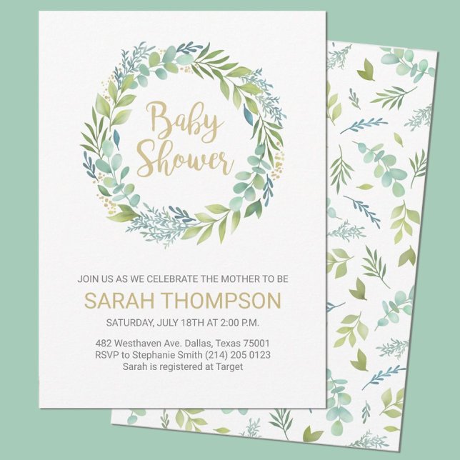 Budget Baby Duwer Greenery Eucalyptus Einladung (An elegant eucalyptus greenery baby shower invitation. Personalize it with your party information)