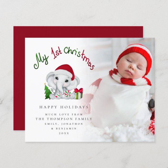Budget Baby First Christmas Elephant Foto Card (Vorne/Hinten)