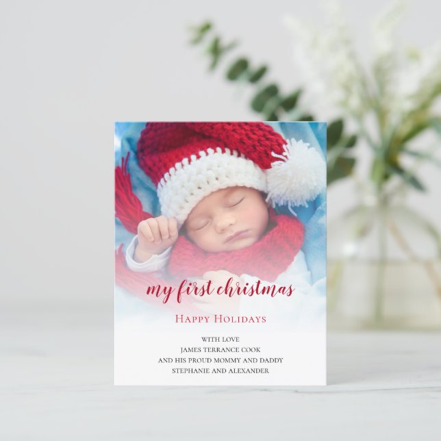 BUDGET Baby First Christmas Foto Overlay Card (Stehend Vorderseite)
