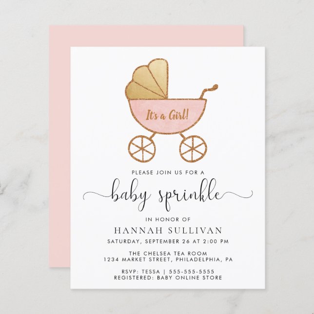 Budget Baby Girl Sprinkle Pink Carriage Einladung (Vorne/Hinten)