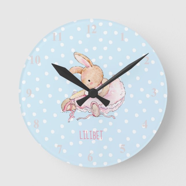 BUDGET Baby Girls Geschenk genannt - Kaninchen Bal Runde Wanduhr (Vorderseite)