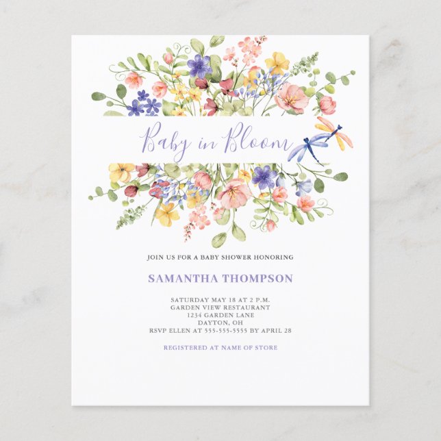 Budget Baby in blutrosa Blütendusche Einladung Flyer (Vorne)