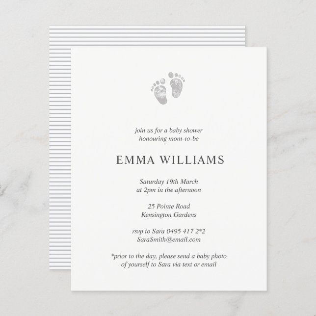 Budget Baby Shower Einladung Grau Footprint (Vorne/Hinten)