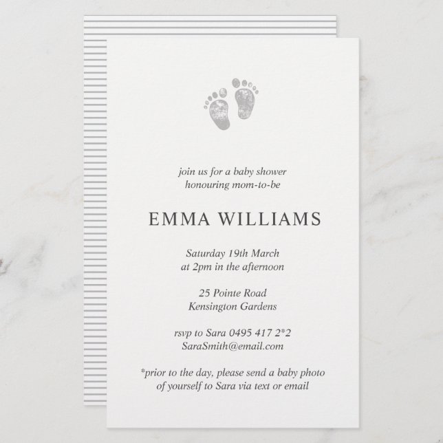 Budget Baby Shower Einladung Grau Footprint (Vorne/Hinten)