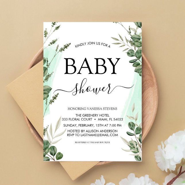 Budget Baby Shower Greenery Eucalyptus Einladungen (Von Creator hochgeladen)