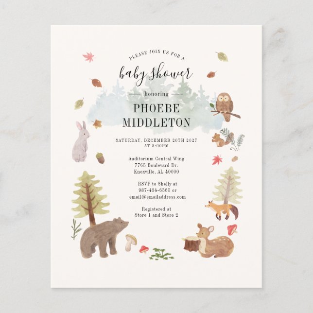Budget Baby Shower Woodland Tiere Einladung (Vorderseite)