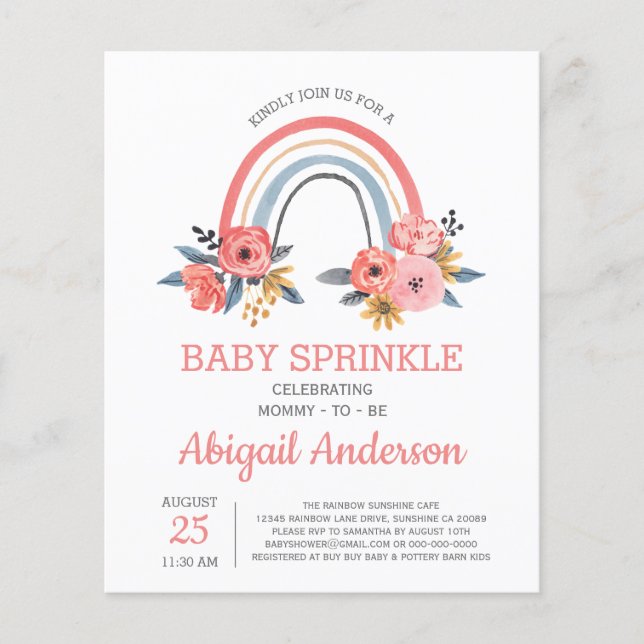 Budget Baby Sprinkle Rainbow Floral Einladung (Vorderseite)